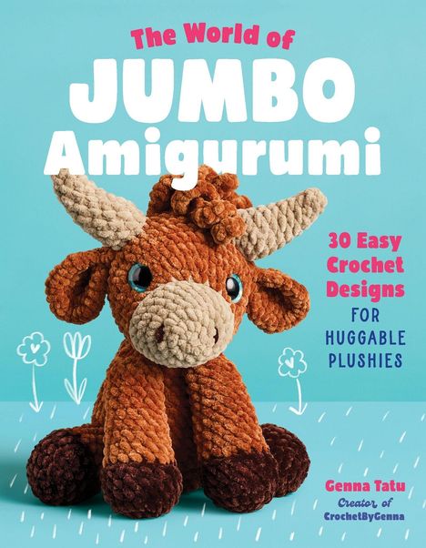 "The World of Jumbo Amigurumi" steht groß über einem gehäkelten Plüsch-Stier mit blauen Augen auf einem blauen Hintergrund.