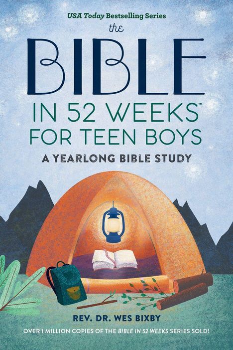 "USA Today Bestselling Series: The Bible in 52 Weeks for Teen Boys" zeigt ein Zelt mit Buch und Laterne.