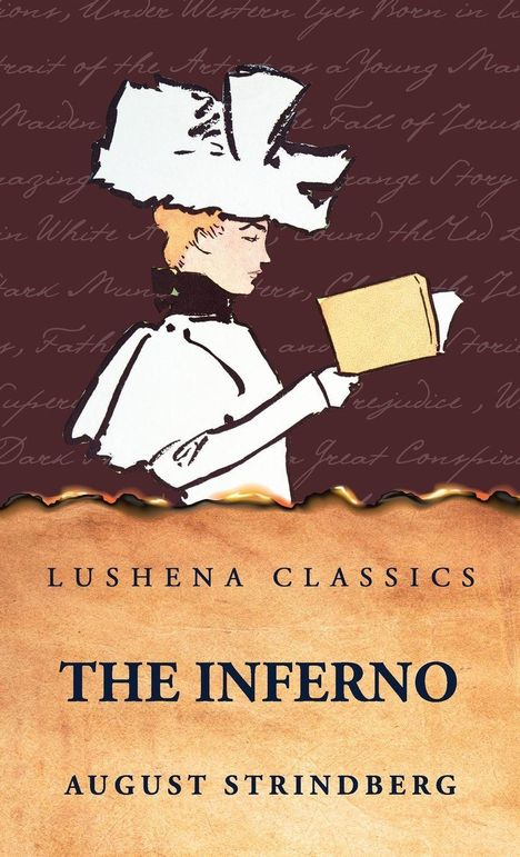 "Lushena Classics: The Inferno, August Strindberg". Illustration einer Person im weißen Kleid mit großem Hut, ein Buch lesend.