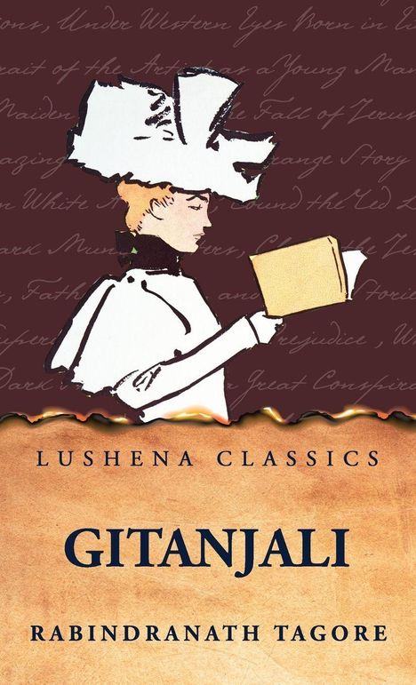 "Lushena Classics. Gitanjali. Rabindranath Tagore." Illustration: Person mit großem Hut liest ein Buch.