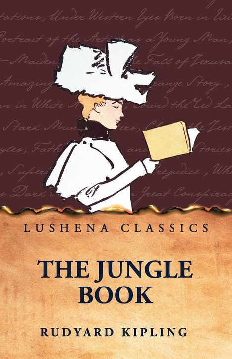 "Lushena Classics, The Jungle Book, Rudyard Kipling" in Großbuchstaben, darüber ein gezeichnetes Profil einer Frau mit Hut, die liest.