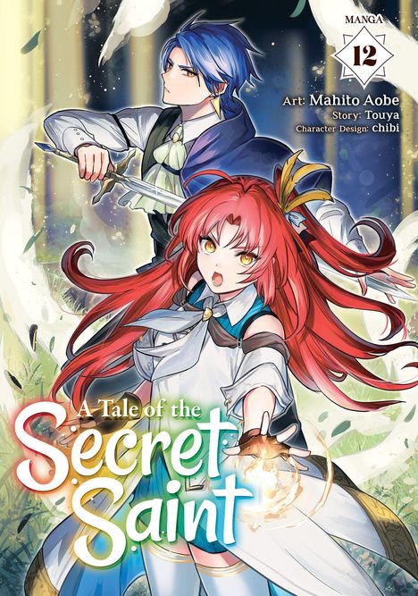 Text: "A Tale of the Secret Saint", Manga Band 12. Zwei Figuren, eine mit blauem Haar und Schwert, eine mit rotem Haar wirkt entschlossen.