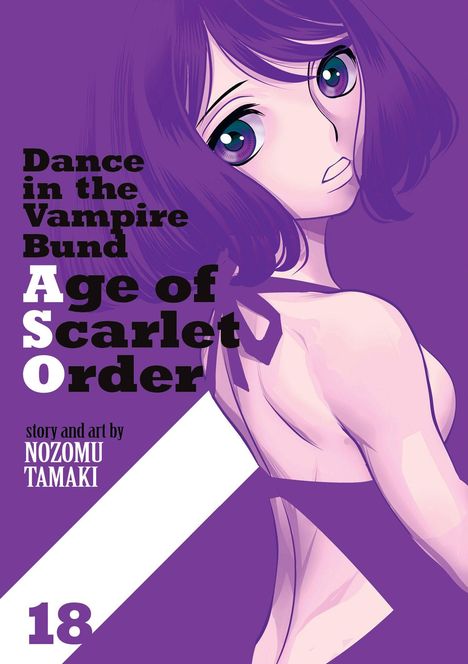 "Dance in the Vampire Bund: Age of Scarlet Order" und "story and art by Nozomu Tamaki" in einer violetten Illustration.