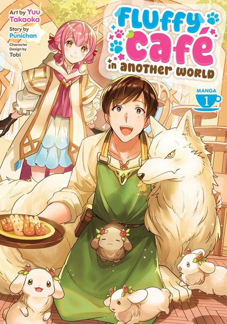 Der Text "Fluffy Café in Another World" ist in bunten Buchstaben. Mann mit Schürze und große Tiere, umgeben von niedlichen Wesen.