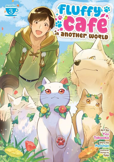 "MANGA 3" und "Fluffy Café in Another World." Ein Mann und niedliche, dekorierte Tiere in einem farbenfrohen Garten.