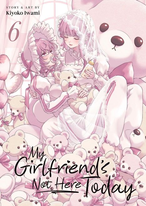 Der Text lautet: "Story & Art by Kiyoko Iwami" und "My Girlfriend's Not Here Today". Illustration mit zwei Figuren umgeben von Teddybären.