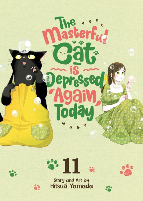 Bunte Schrift sagt: "The Masterful Cat is Depressed Again Today". Schwarze Katze in gelbem Overall, Mädchen in grünem Kleid.