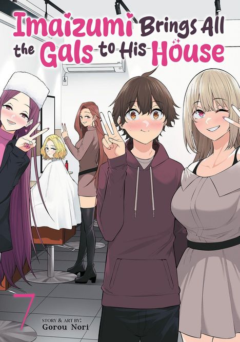 Titel: "Imaizumi Brings All the Gals to His House". Manga-Illustration mit lächelnden Figuren und Victory-Zeichen.