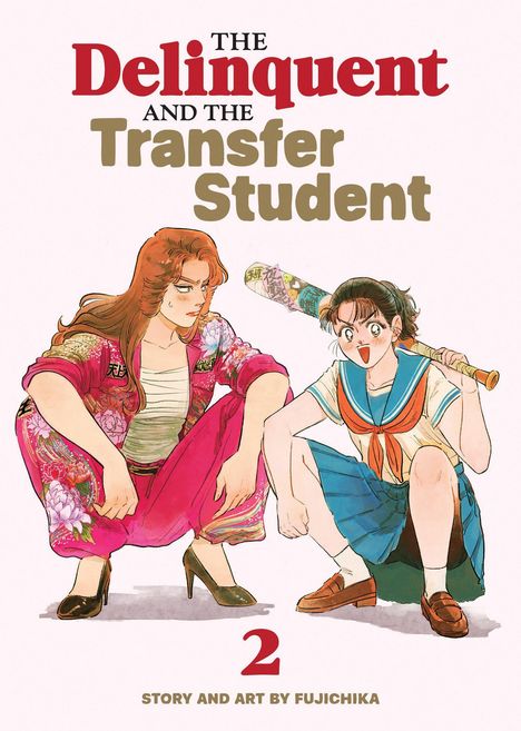 „The Delinquent and the Transfer Student“ steht oben. Zwei Figuren hocken; die eine hält einen verzierten Baseballschläger.