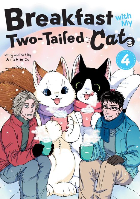 Titel: "Breakfast with My Two-Tailed Cat". Zwei Menschen und zwei große Katzen trinken heiße Schokolade im Schnee.