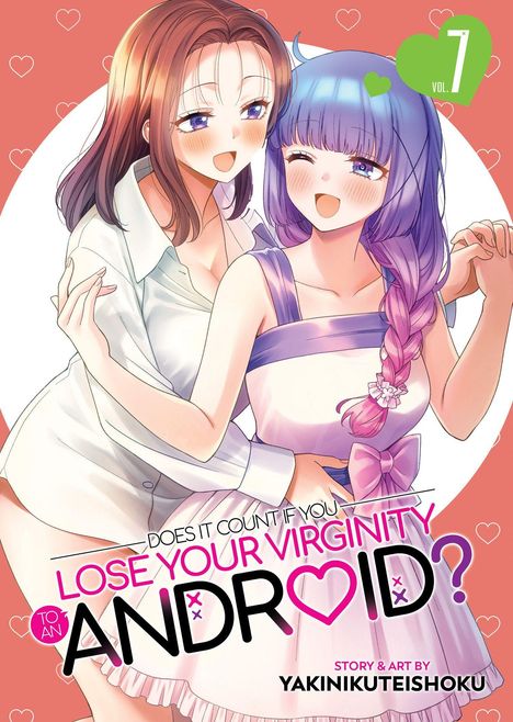 Text: "Does it count if you lose your virginity to an android?" Zwei Manga-Figuren, eng umschlungen, lächeln. Im Hintergrund Herzen.