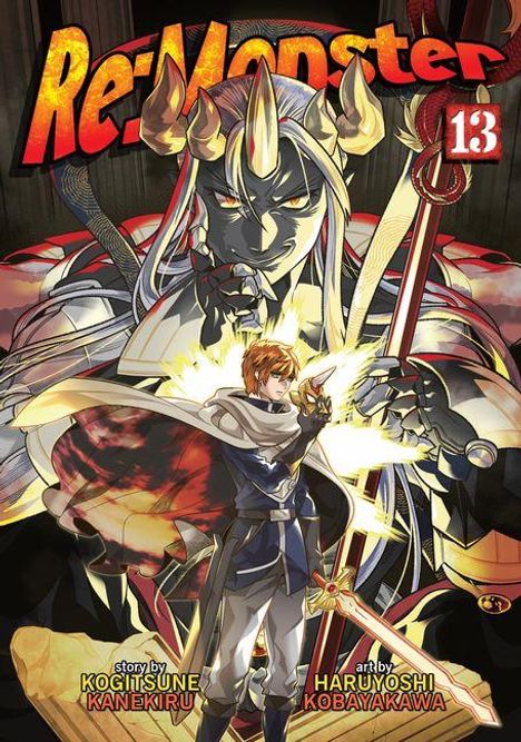 "Re:Monster 13" steht darauf. Ein Krieger mit Schwert und ein großer, mystischer Krieger im Hintergrund. 