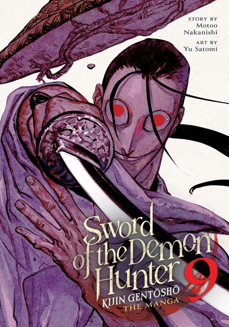 „Sword of the Demon Hunter 9“ Illustration: Eine Figur mit roten Augen und Schwert, in dramatischer Haltung.