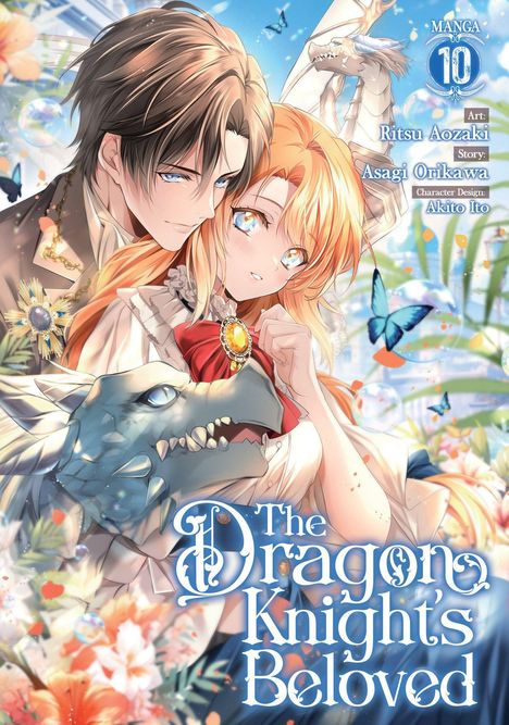 "The Dragon Knight's Beloved" und Namen erscheinen. Mann, Frau, Drache. Szenen in leuchtenden Farben, mit Schmetterlingen.
