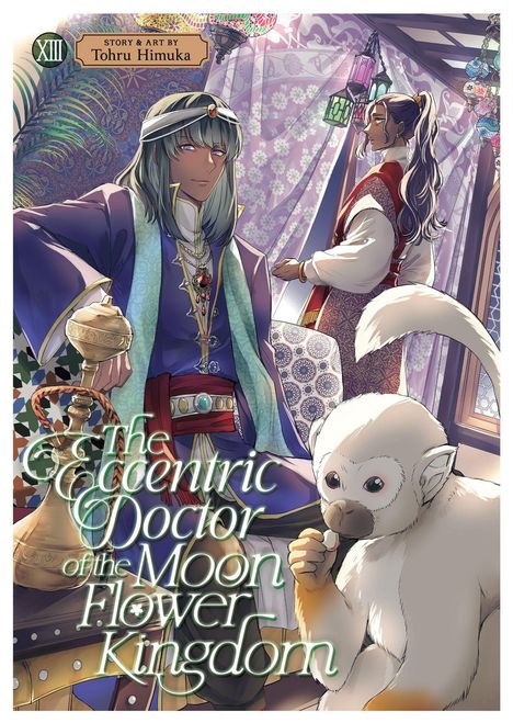 "The Eccentric Doctor of the Moon Flower Kingdom" in geschwungener Schrift. Illustration mit zwei Personen und einem Affen.