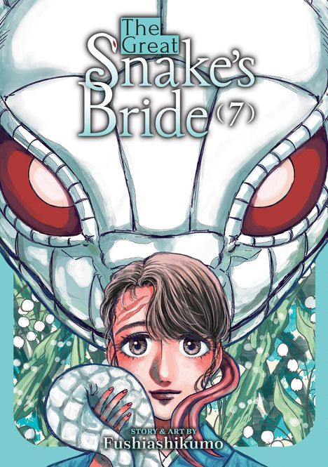 „The Great Snake’s Bride (7)“. Illustration: Ein Mädchen mit braunen Haaren und einer riesigen weißen Schlangenmaske.