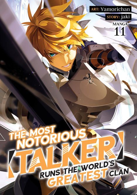„The Most Notorious Talker Runs the World's Greatest Clan“, Manga 11. Illustration eines dynamischen Charakters in Rüstung.