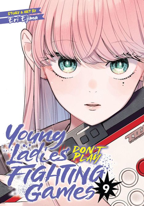 „Young Ladies Don't Play Fighting Games 9.“ Anime-Mädchen mit rosa Haaren und blauen Augen hält einen Spiele-Controller.