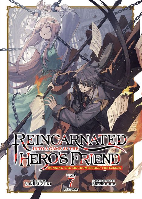 "Reincarnated as the Hero's Friend." Illustration: Mann mit Schwert, Frau in Ketten, dramatische Szene.