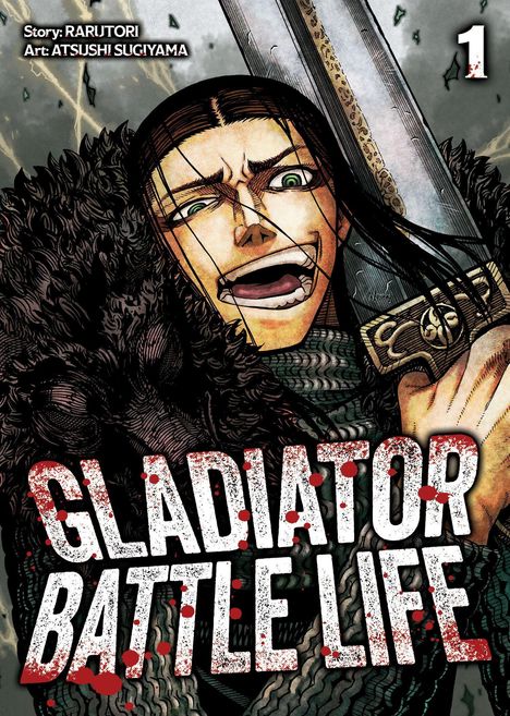 „GLADIATOR BATTLE LIFE“, Illustration eines kämpferischen Mannes mit Schwert und wildem Ausdruck.