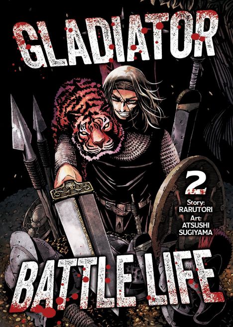 „GLADIATOR BATTLE LIFE 2“; ein Krieger in Rüstung, hält ein Schwert, Tigerfell über der Schulter, Speere im Hintergrund.