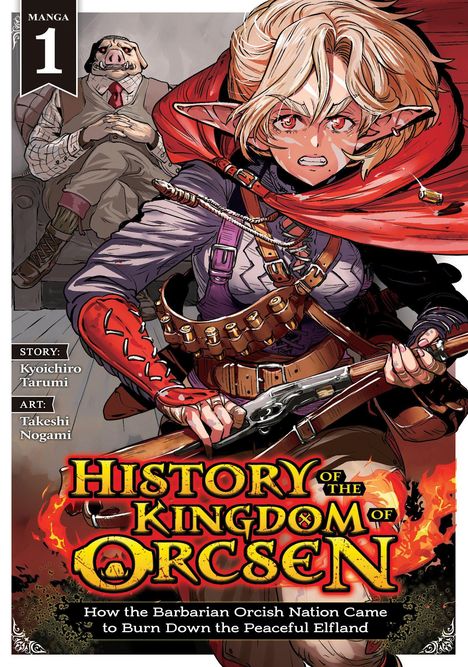 Manga 1: Ein kämpferischer Elf mit rotem Umhang hält ein Gewehr. Im Hintergrund sitzt eine Figur in Anzug mit Schweinskopf-Maske.