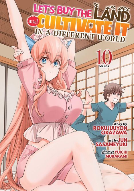 „Let's Buy the Land and Cultivate It in a Different World 10 Manga“. Ein Mädchen streckt sich, ein Junge macht Yoga.