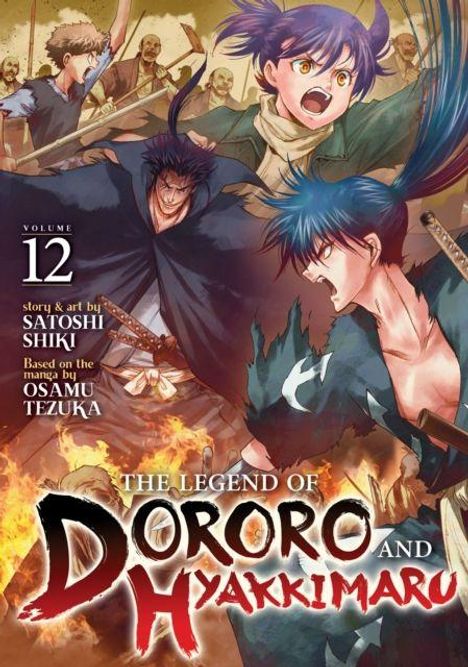 „Volume 12“, „The Legend of Dororo and Hyakkimaru“. Charaktere in kämpferischer Pose, Feuerschein im Hintergrund.