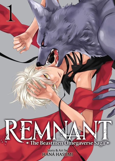 „REMNANT: The Beastmen Omegaverse Saga“. Ein Wolf und ein Mensch mit weißem Haar; rot-schwarze Kleidung.