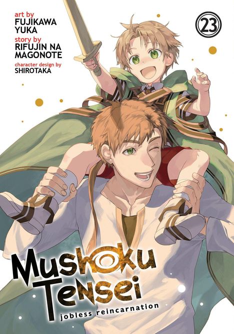 „Mushoku Tensei: Jobless Reincarnation“, zwei fröhliche Figuren, ein Erwachsener mit Kind auf den Schultern, beide lächeln.