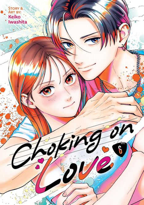 "Choking on Love" in stilisierter Schrift. Ein Manga-Pärchen in inniger Umarmung, pastellfarbener Hintergrund.