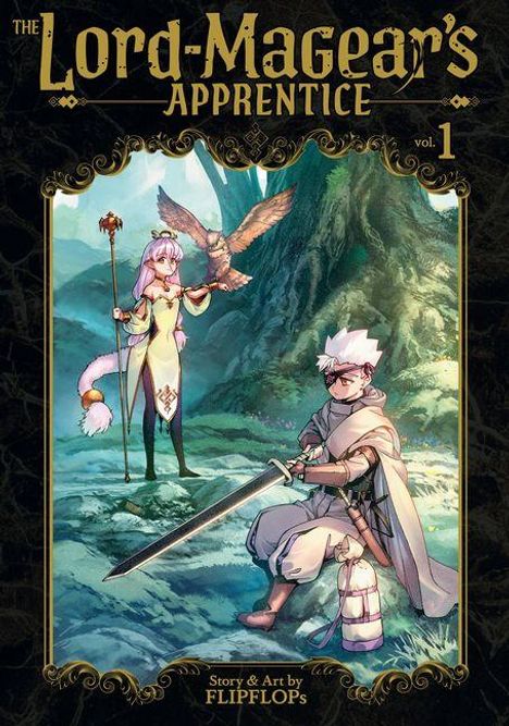 "The Lord-Magear's Apprentice vol. 1" steht oben. Eine Illustration zeigt zwei Figuren im Wald, eine mit Schwert, eine mit Vogel.
