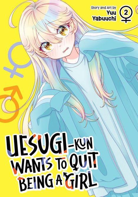 „UESUGI-kun wants to quit being a girl“. Eine Illustration mit einem blonden Mädchen und Geschlechtersymbolen auf gelbem Hintergrund.