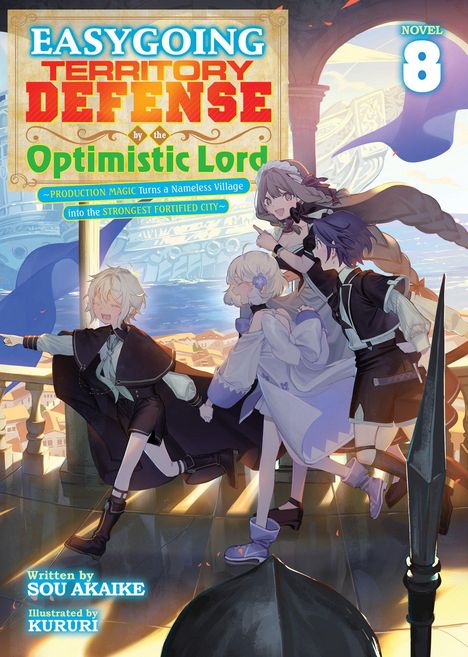Texte: "EASYGOING TERRITORY DEFENSE by the Optimistic Lord", "Novel 8", "Production Magic..." Illustration: Vier fröhliche Figuren.