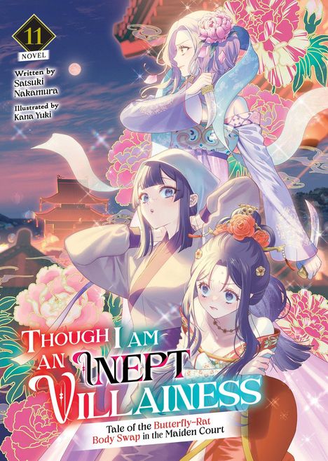 Titel: "Though I Am an Inept Villainess"
Drei Frauen in farbenfrohen traditionellen Gewändern. Japanisches Gebäude im Hintergrund.