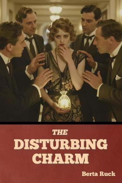 „THE DISTURBING CHARM“ steht auf rotem Hintergrund. Eine Frau im Vintage-Kleid hält ein leuchtendes Objekt, umgeben von Männern.