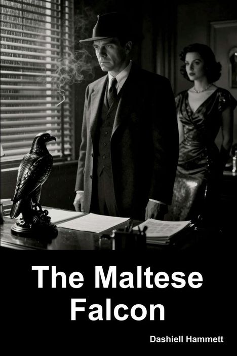 "The Maltese Falcon" von Dashiell Hammett. Schwarz-weiß, Mann mit Hut und Frau, neben ihnen eine Falkenstatue.
