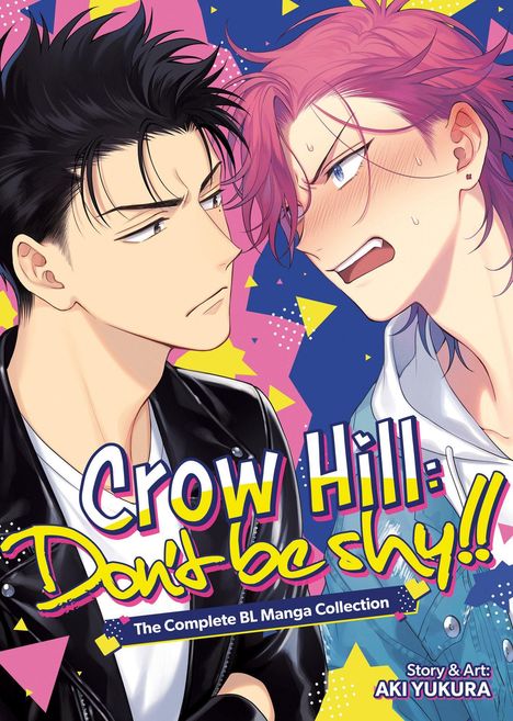 „Crow Hill: Don't be shy!! The Complete BL Manga Collection. Story & Art: Aki Yukura.“ Zwei gezeichnete Figuren im Gespräch.