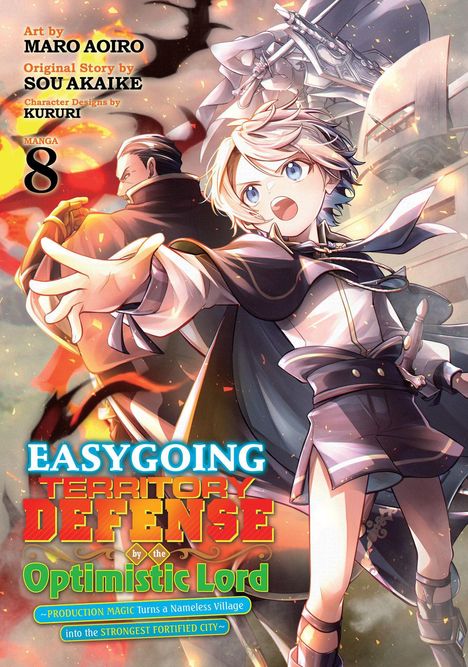 Texte: Easygoing Territory Defense, Optimistic Lord. Illustration: Junge mit Schwert, kämpferische Pose, Hintergrund feurig.
