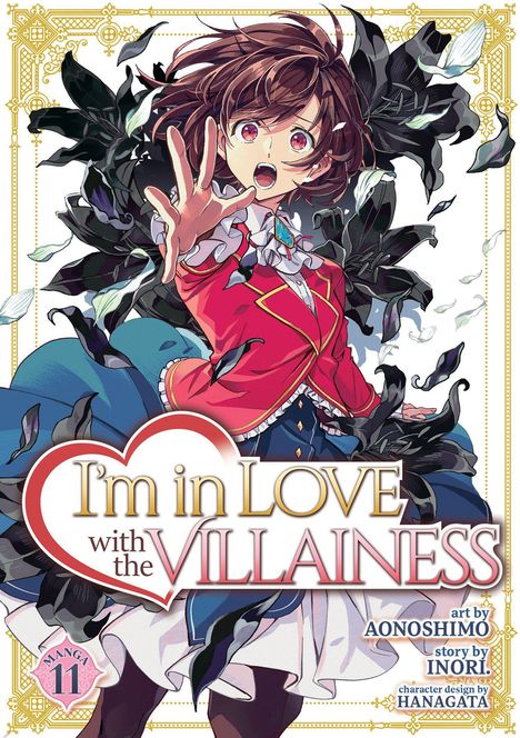 „I'm in LOVE with the VILLAINESS“ steht in einem Herz. Illustration einer Frau in roter Jacke mit Blättern um sie herum.