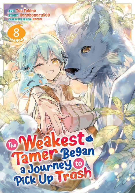 Text: "The Weakest Tamer Began a Journey to Pick Up Trash." Illustration eines Mädchens mit blauem Haar und eines großen Wolfes.