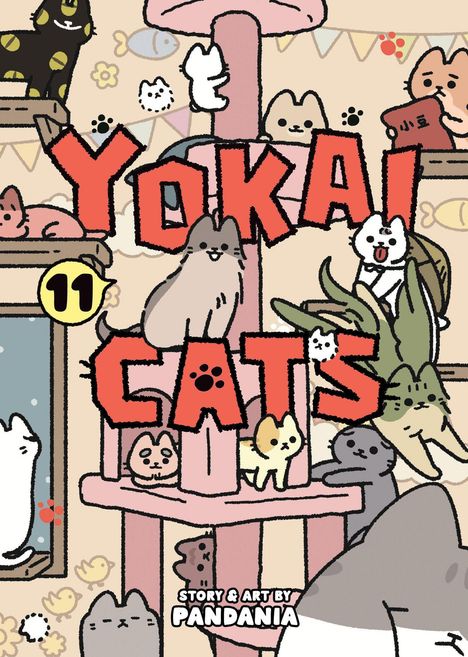 "Yokai Cats" in roten Buchstaben, Nummer 11 in Gelb. Illustration: Mehrere stilisierte Katzen spielen auf einem Kratzbaum.