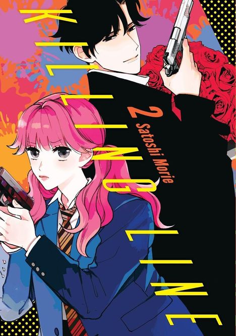 "Killing Line", "2 Satoshi Morie". Illustration: Junger Mann mit Rosen, junge Frau mit Pistole. Bunte, lebhafte Farben.