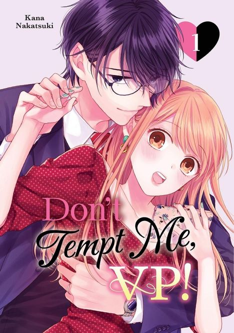 „Don't Tempt Me, VP!“ Ein Mann mit Brille hält eine Frau mit langen Haaren. Manga-Illustration.