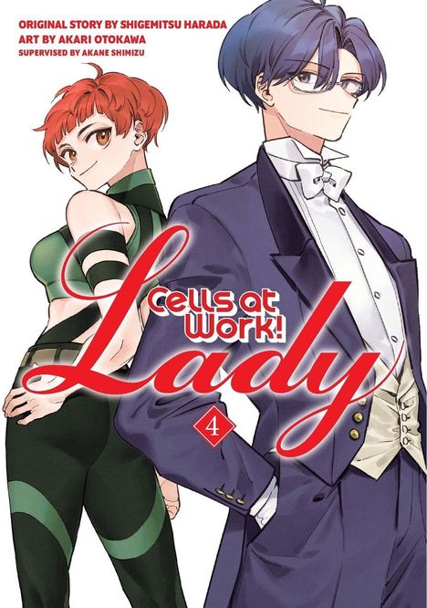 „Cells at Work! Lady 4“ und die Namen der Schöpfer. Illustration von zwei stilisierten Figuren, Mann im Anzug, Frau in Grün.