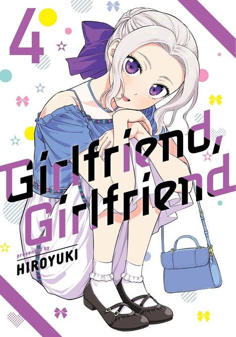 „Girlfriend, Girlfriend“, „presented by HIROYUKI“. Illustration eines Mädchens mit lila Augen und blauer Schleife.