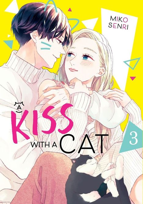 „A Kiss with a Cat 3“ steht im Vordergrund. Ein Paar umarmt sich sanft, eine Katze liegt entspannt auf ihrem Schoß.