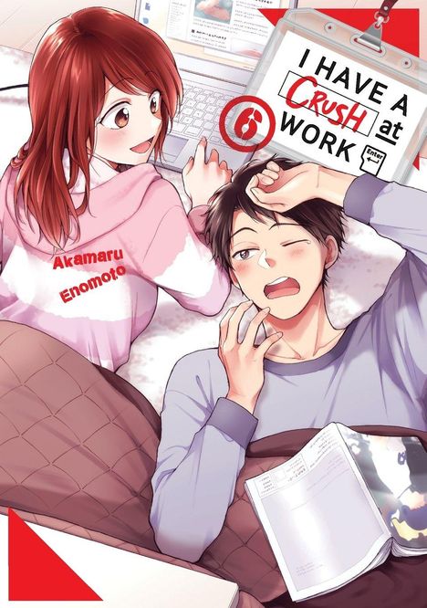 Illustration eines Mannes und einer Frau im Bett, lachend. Text auf der Tafel: "I have a crush at work".