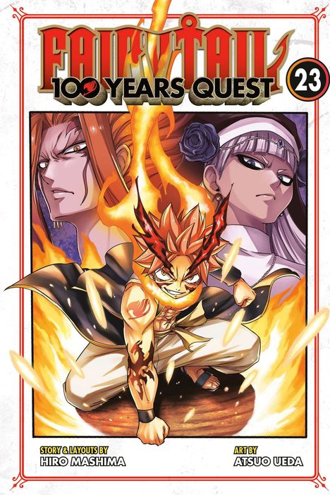 "FAIRY TAIL 100 YEARS QUEST 23", darunter drei Charaktere, zentral ein kämpferischer Junge mit Flammen umgeben.