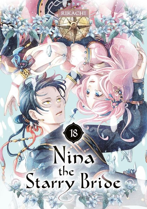 „Rikachi“, „18“, „Nina the Starry Bride“. Zwei Figuren mit buntem Haar, umgeben von Blumen und Sternen in heller Umgebung.